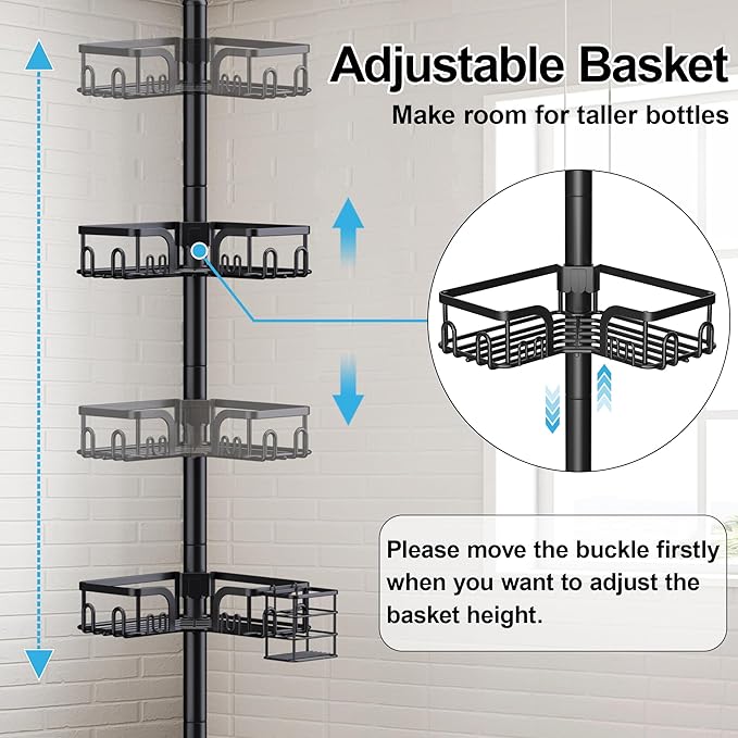 Corner Shower Caddy Tension Pole,39-113 inch Adjustable Rustproof Floor Standing Shower Organizer Shelf with 4 Basket for Bathtub,Inside Shower Shampoo Storage,Black