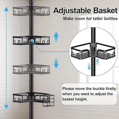 Corner Shower Caddy Tension Pole,39-113 inch Adjustable Rustproof Floor Standing Shower Organizer Shelf with 4 Basket for Bathtub,Inside Shower Shampoo Storage,Black