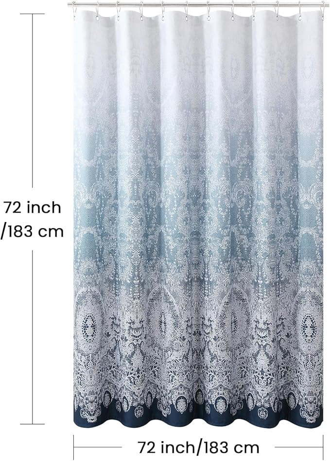 Chantilly Lace Shower Curtain - Heavyweight Polyester, Storm Blue to White Ombre Design, 72" W x 72" H