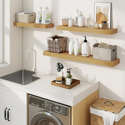 fuqing Floating Shelves for Wall, Wall Mounted Wood Floating Shelf with Invisible Brackets for Living Room, Bathroom, Bedroom, Kitchen Storage and Decor, 16 Inch Set of 2, Oak