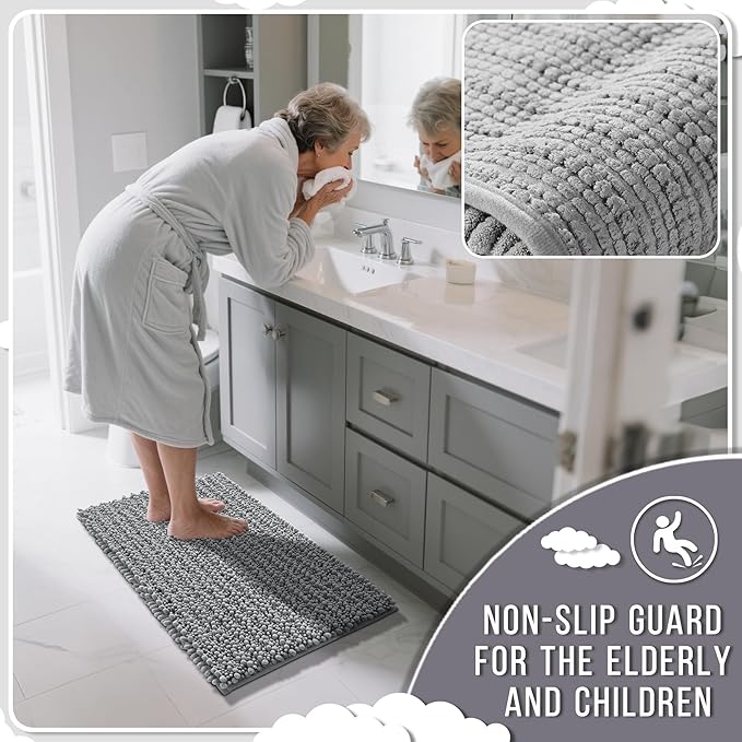 Yimobra Bathroom Rugs Sets 2 Piece - Quick Dry Extra Thick Luxury Chenille Bath Mat, Non Slip Super Absorbent for Tub Shower Sink, Machine Washable Shaggy Floor Mat, 32"x20"+24"x20" Inch, Grey