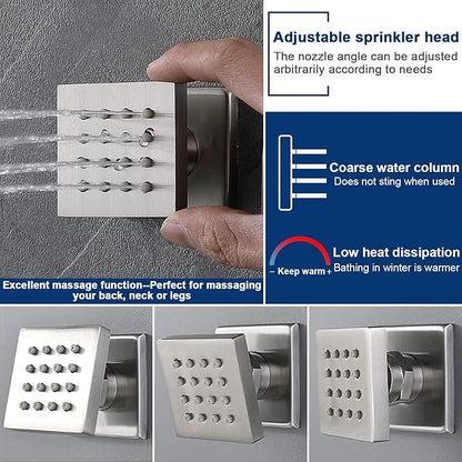 Thermostatic Shower System Dual Shower Heads with 16" Ceiling Mounted Rain Shower Head & 6" Wall Mounted Head 4 Function Shower System with body jets Can All Run Together, Brushed Nickel