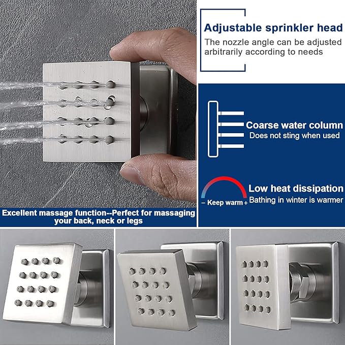 Thermostatic Shower System with 14x20 Inch Ceiling Mount LED Head & 6 Inch Wall Head and Handheld Shower 4 Function Vale with body jets Can All Run Together,Brushed Nickel