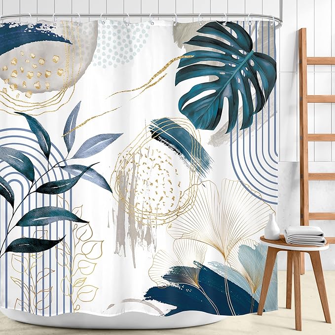 Navy Blue Boho Shower Curtain 72Wx72H Modern Mid Century Abstract Gold Tropical Leaves Palm Minimalist Plant Geometric Arch Bathroom Decor Botanical Bath Curtain Fabric Polyester 12 Pack Hooks