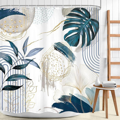 Navy Blue Boho Shower Curtain 72Wx72H Modern Mid Century Abstract Gold Tropical Leaves Palm Minimalist Plant Geometric Arch Bathroom Decor Botanical Bath Curtain Fabric Polyester 12 Pack Hooks