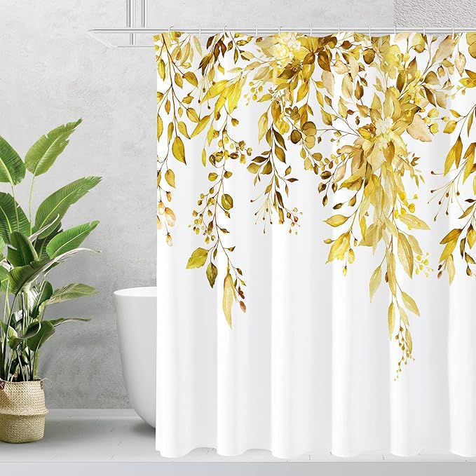 Gibelle Extra Long Shower Curtain 72 x 84, Yellow Floral Shower Curtain for Bathroom, Watercolor Plant Eucalyptus Leaves Fabric Shower Curtain Set