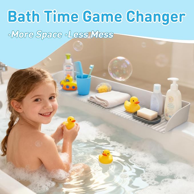 Roslim Bathtub Splash Guard for Kids - Silicone Bath Splash Guard Shelf, Large Bath Toy Tray Holder, Tub Water Splash Guard with Strong Suction Cups, Bathroom Accessories for Baby Bath, Taupe