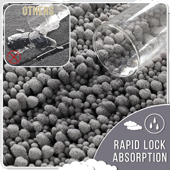 Yimobra Bathroom Rugs Non Slip Washable - Ultra Soft Absorbent Chenille Bath Mat, Quick Dry Shaggy Floor Carpet for Tub Shower, Gray Home Decor Accessories, 24x17 Inch