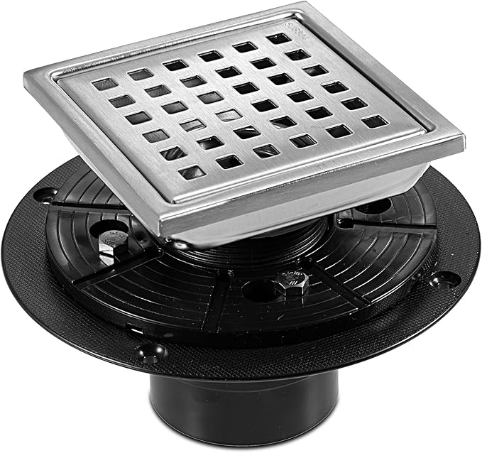 6 Inch Square Shower Floor Drain, Stainless Steel Flange with Removable Grid Cover Hair Strainer, Brushed Nickel