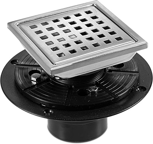 6 Inch Square Shower Floor Drain, Stainless Steel Flange with Removable Grid Cover Hair Strainer, Brushed Nickel
