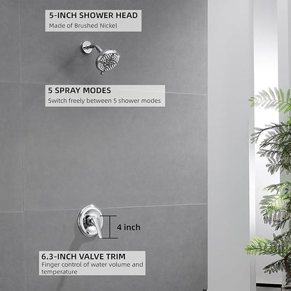KINSE 5- Inches Shower head, Shower Faucet Set, shower kit with valve and shower head，Brass valve and stainless steel kits，Without tub spout (Chrome)