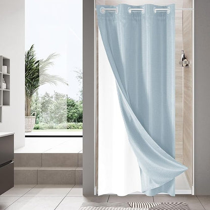 MitoVilla Blue Waffle Small Stall Shower Curtain Liner Set 36 x 74, No Hooks Required Half Size Narrow Fabric Cloth Shower Curtain Set with Snap-in Liner for Modern Bathroom Decor, Fog Blue