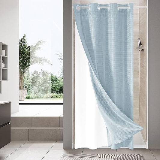 MitoVilla Blue Waffle Small Stall Shower Curtain Liner Set 36 x 74, No Hooks Required Half Size Narrow Fabric Cloth Shower Curtain Set with Snap-in Liner for Modern Bathroom Decor, Fog Blue
