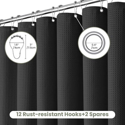 Inhousolu Fabric Shower Curtain Waffle Weave, 230 GSM Heavy Duty, Weighted Hem, 14 Metal Hooks, Water Repellent, Machine Washable, Hotel Spa Luxury Bath Curtain Set, 72 x 96 Inch, Black