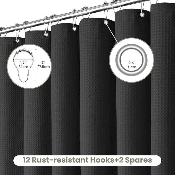 Inhousolu Fabric Shower Curtain Waffle Weave, 230 GSM Heavy Duty, Weighted Hem, 14 Metal Hooks, Water Repellent, Machine Washable, Hotel Spa Luxury Bath Curtain Set, 72 x 84 Inch, Black