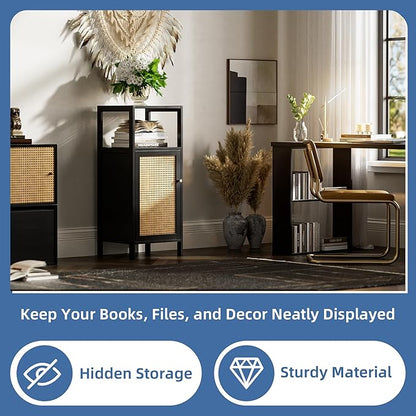 HITNET Bamboo Floor Cabinet, Small Bathroom Storage Cabinet with Single Rattan Door, Narrow Side Storage Organizer Unit Freestanding Space Saving Kitchen Cupboard, Black