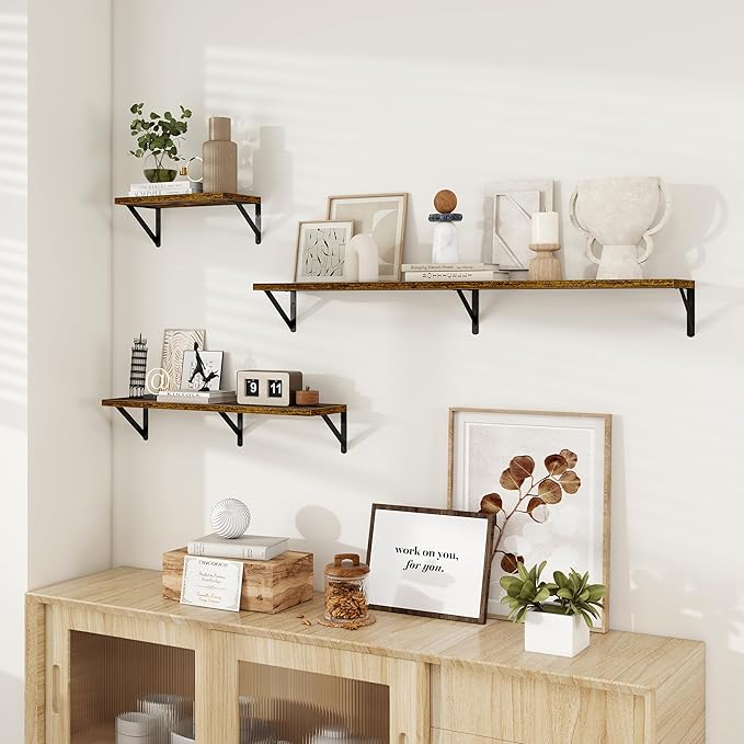 Dreamland Deep Floating Shelves for Wall, 16W x 8D Wall Mounted Shelves Set of 2, Floating Shelves Bedroom with Sturdy Metal Brackets for Living Room, Bathroom and Kitchen, Brown