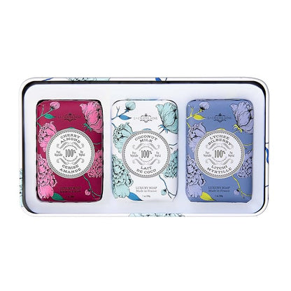 La Chatelaine Luxury Bar Soap Trio Gift Set Tin – Winter White | Made in France | Natural and Organic Soap Bars | Shea Butter Formula | 3 x 7 oz / 200g (Cherry Almond, Coconut Milk, Lychee Bilberry)