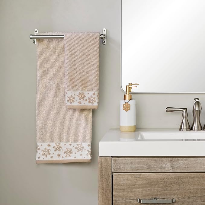 SKL Home Christmas/Winter Heather Snowflake 100% Cotton Premium 2-Piece Hand Towel Set, 500 GSM, Soft & Absorbent Jacquard, Decorative for Bath/Kitchen/Bar, Tan