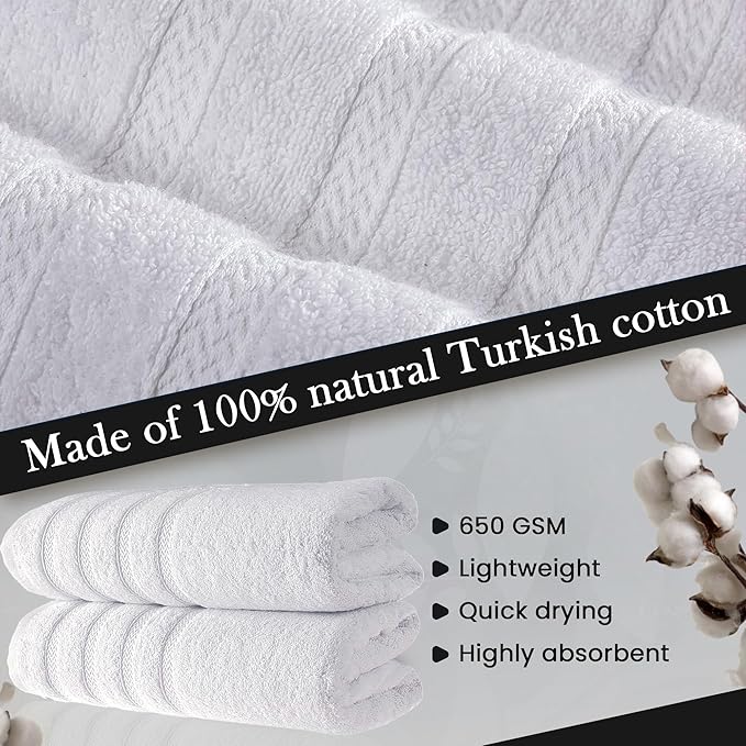 HALLEY Turkish 2 Pack Premium Bath Towels (2 Pieces) 650 GSM Highly Absorbent Super Soft 100% Cotton - 2 Bath Towels (White)