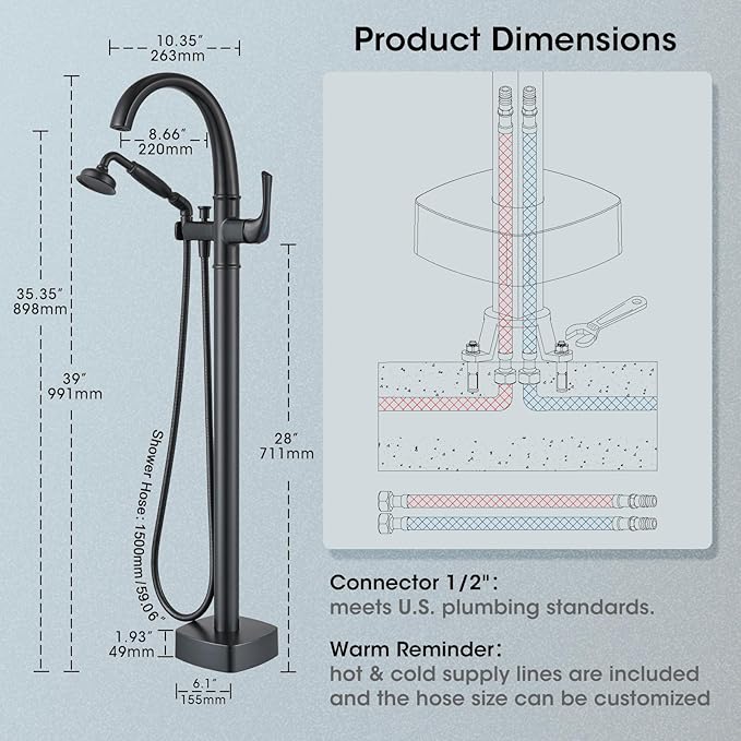 Free Standing Tub Faucet, Jabbol Luxury Freestanding Bathtub Faucet with Sprayer, Brass Bathroom Floor Mount Tub Filler, Matte Black (JB-8811BK)