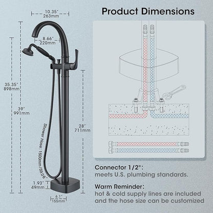 Free Standing Tub Faucet, Jabbol Luxury Freestanding Bathtub Faucet with Sprayer, Brass Bathroom Floor Mount Tub Filler, Matte Black (JB-8811BK)