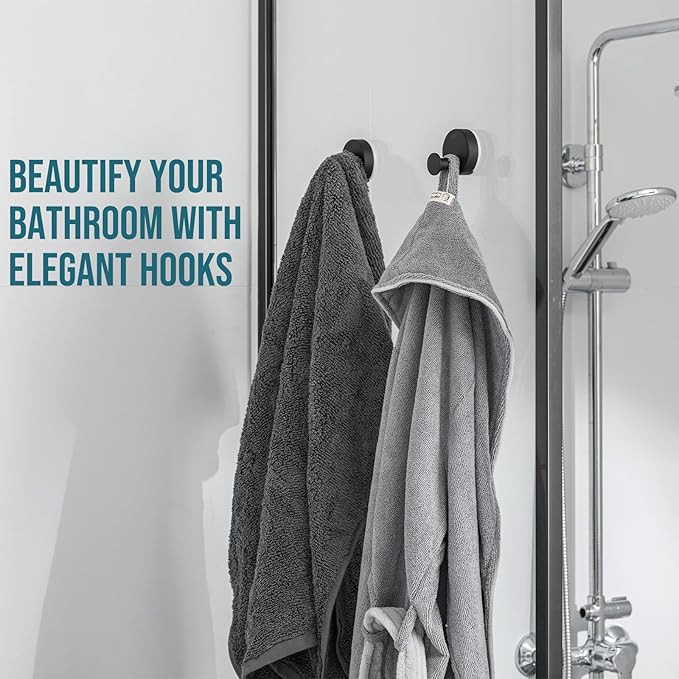 TAILI Stylish 304 Stainless Steel Bathroom Suction Hooks for Towel, Bathrobe, Loofah, No Damage Hanging Glass Shower Wall Hook, Patented Strong Suction Cup Holder, Hold Up to 11 Lbs, O-Cylinder Black