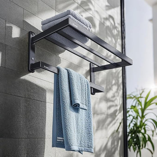 Bathroom Towel Rack, 24 Inch Towel Holder with Double Towel Bar, Aluminum Alloy Square Modern Hotel Style Wall Mounted Bathroom Shelf Organizer
