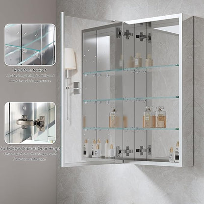 WELLFOR 16" x 30" Bathroom Medicine Cabinet, Anodized Chrome Aluminum Frame, Medicine Cabinet with Adjustable Glass Shelves, Bathroom Cabinet with Reverse Door Installation, Surface or Recessed Mount