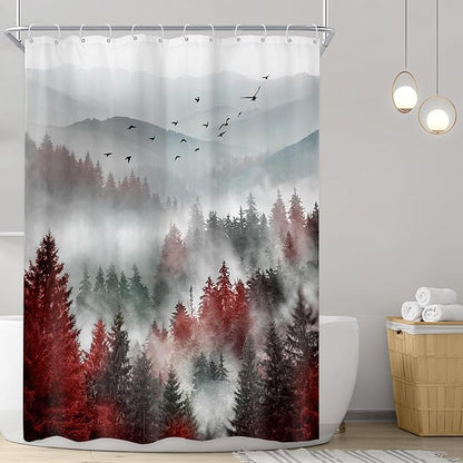 Riyidecor Red Black Mountain Shower Curtain 48Wx72H Inch,Stall Narrow Rv Small Nature Woods,Rustic Landscape Scenery Pine Tree Woodland Cool Bathroom Decor Fabric Polyester Waterproof 12 Pack Hooks