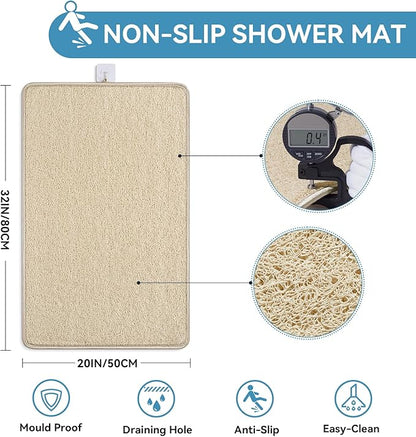 Non Slip Shower Mat Bathtub Mat 20x32 Inch, Quick Dry Bath Mat with Drain, Soft PVC Imitation Loofah Foot Scrubber Bath Mats for Bathroom Tub Shower Floor, Hangable & Hook Included, Beige