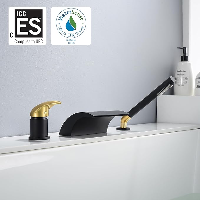 SUMERAIN Waterfall Roman Tub Faucet Deck Mount Bathtub Faucet Brass Tub Filler with Hand Shower, Black and Gold Finish