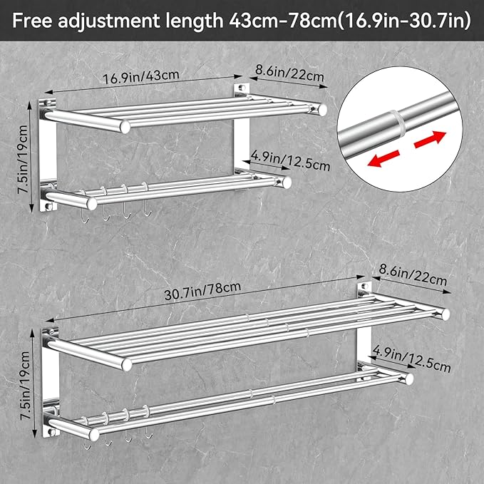 Adjustable Towel Bar for Bathroom Wall Mount17-30.7inch Adhesive Shower Towel Rack Stainless Steel Bath Towel Holders for Toilet Kitchen Double Towel Hanger (Mobile Hook Towel Rack)