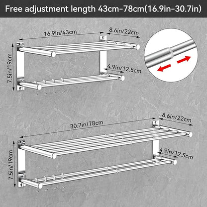 Adjustable Towel Bar for Bathroom Wall Mount17-30.7inch Adhesive Shower Towel Rack Stainless Steel Bath Towel Holders for Toilet Kitchen Double Towel Hanger (Mobile Hook Towel Rack)