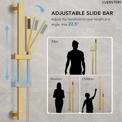 10" High-Pressure Rainfall Shower Faucet with Handheld Spray, Wall Mount Dual Shower Head System with Slide Bar (Brushed Gold)