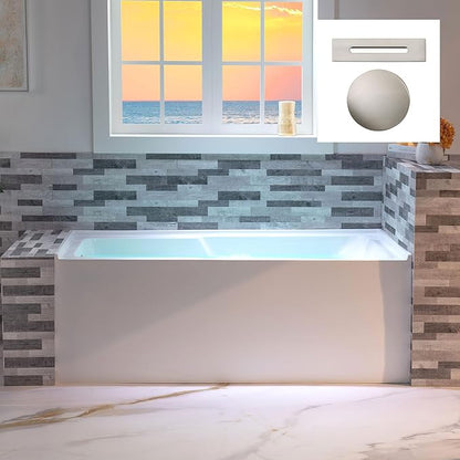 WOODBRIDGE 54" Acrylic Rectangular Alcove Soaking Bathtub in White with Left Drain, Brushed Nickel pop-UP Drain Included BA5430L