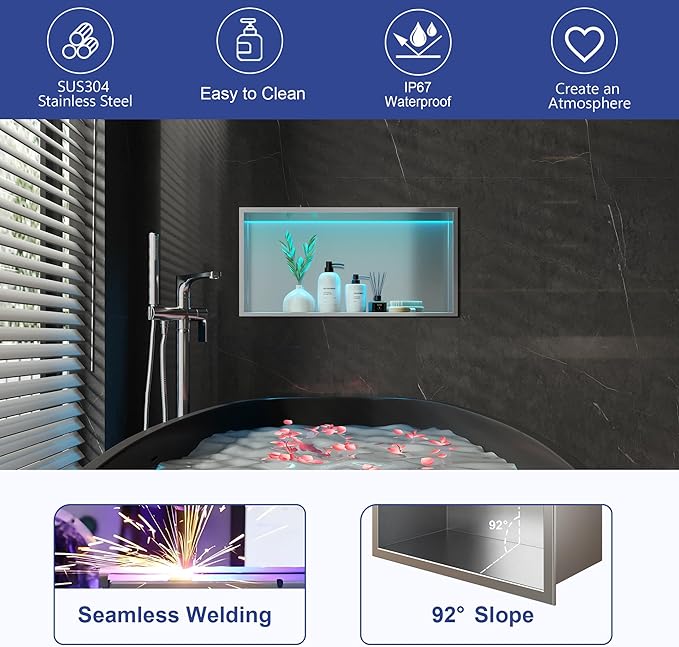 RGB LED Light Shower Niche, Brushed 24X12 in Stainless Steel Wall Cabinet with Remote Control, Waterproof No Tile Needed Wall Niche for Bathroom Storage Built-in Installation