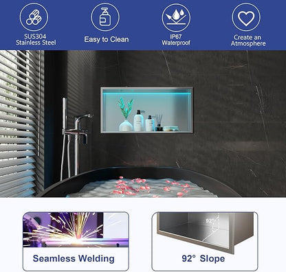 RGB LED Light Shower Niche, Brushed 24X12 in Stainless Steel Wall Cabinet with Remote Control, Waterproof No Tile Needed Wall Niche for Bathroom Storage Built-in Installation