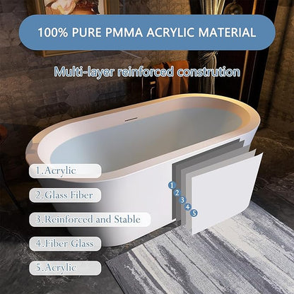 61 in. x 31 in.Classic Oval Acrylic Free Standing Tub, Heavy Duty Deep Soaking Tub, Bathroom Stand Alone Tub, Freestanding Bathtub SY1255 (Glossy White)