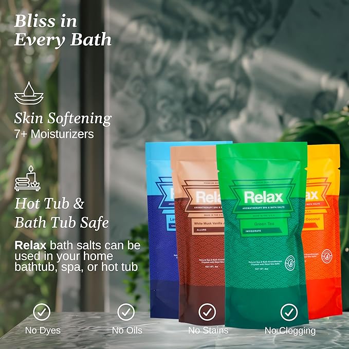Relax Spa & Bath, Epsom & Dead Sea Salts, Aromatherapy Bath Salts for Hot Tub, Bath, or Spa, Infused with Magnesium, Spa Gifts for Women, 4 Pack, Relax Escape Collection, 4 oz Each