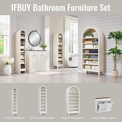 71" Tall Arched Bathroom Storage Cabinet, 8-Tier Modern Farmhouse Storage Cabinet with Adjustable Shelves, Wood Freestanding Cabinet for Bathroom, Living Room, Entryway, Hallway (Antique White)