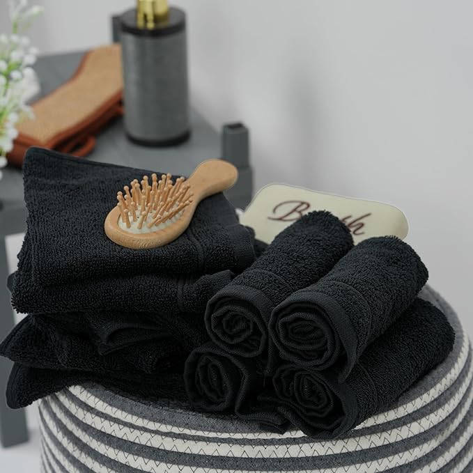 Tens Towels Pack of 24 Washcloths, 12 x 12 Inches, Lighter Weight, Quick to Dry, Super Soft & Absorbent, Gentle Face Towels, Hotel Quality, Perfect for Bathroom, Gym, Spa (Black, 24 Pack)