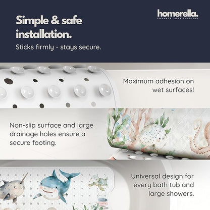 Homerella Baby Bath Tub Mat | Anti Mold Mildew Resistant Non Slip Kids and Adult Bath Tub Shower Mats | 40x16 inch Long with Suction Cups for Secure Grip Hooks for Storage & Drying | Machine Washable