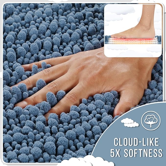 Yimobra Bathroom Rugs Non Slip Washable - Ultra Soft Absorbent Chenille Bath Mat, Quick Dry Shaggy Floor Carpet for Tub Shower, Denim Blue Home Decor Accessories, 24x17 Inch