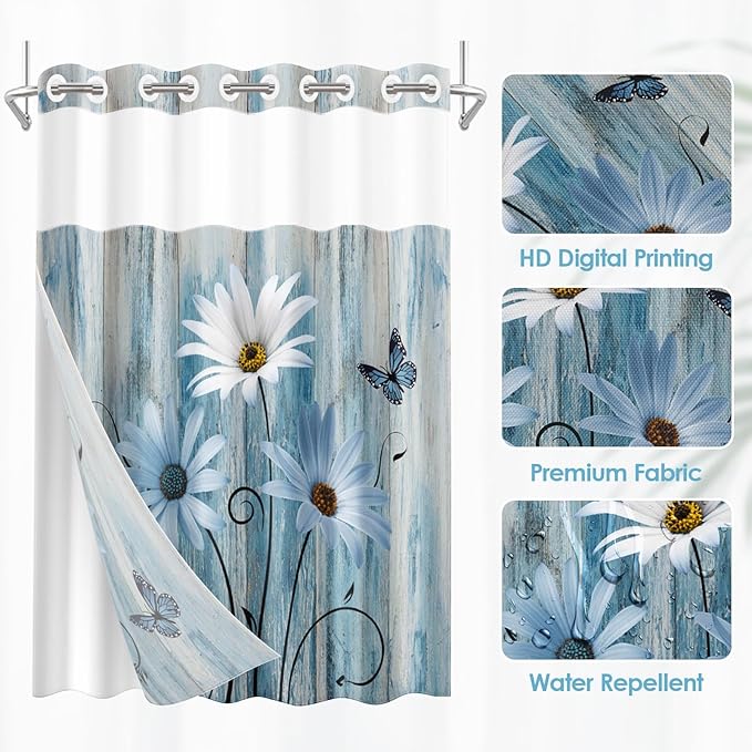 No Hook Blue Daisy Shower Curtain with Snap in Fabric Liner Set, Wooden Boards Double Layers Waterproof Fabric with See Through Top Window Open Grommet Bath Curtain 71x74 Inch