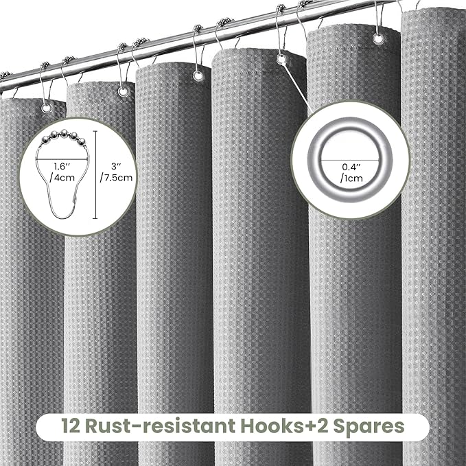 Inhousolu Fabric Shower Curtain Waffle Weave, 230 GSM Heavy Duty, Weighted Hem, 14 Metal Hooks, Water Repellent, Machine Washable, Hotel Spa Luxury Bath Curtain Set, 72 x 84 Inch, Grey