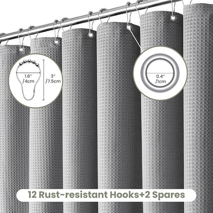 Inhousolu Fabric Shower Curtain Waffle Weave, 230 GSM Heavy Duty, Weighted Hem, 14 Metal Hooks, Water Repellent, Machine Washable, Hotel Spa Luxury Bath Curtain Set, 72 x 84 Inch, Grey