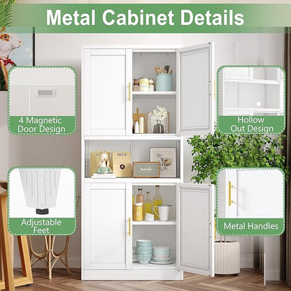 Pantry Cabinet 61" H Metal Kitchen Cabinet with 4 Doors, Bathroom Cabinets, 2 Adjustable Shelves for Kitchen, Home Office, Living Room, Dinning Room (White)