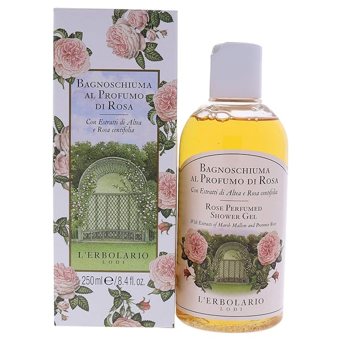 L'Erbolario Perfumed Shower Gel – Soothing Body Soap with Marsh Mallow – Protecting and Toning Body Wash with Amber Floral Fragrance - Rose - 8.4 oz