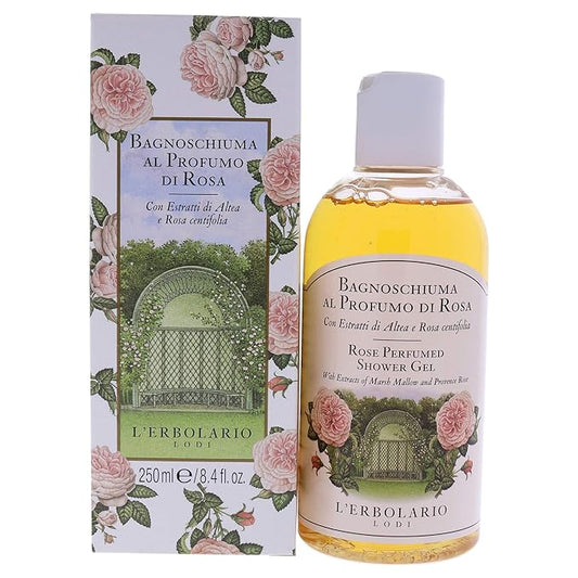 L'Erbolario Perfumed Shower Gel – Soothing Body Soap with Marsh Mallow – Protecting and Toning Body Wash with Amber Floral Fragrance - Rose - 8.4 oz